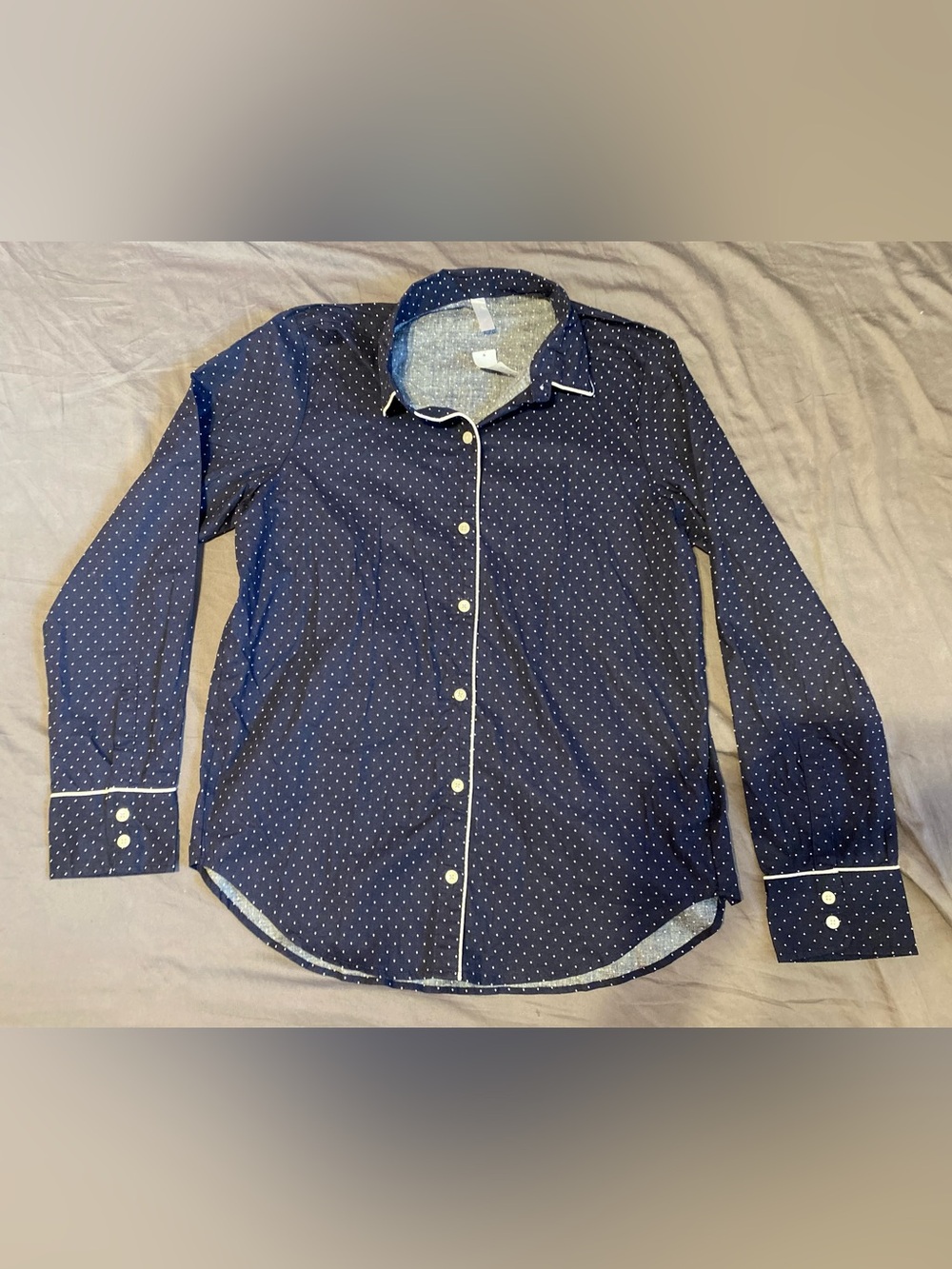 Gap Body navy blue white polka dot collared button up pajama top, size medium